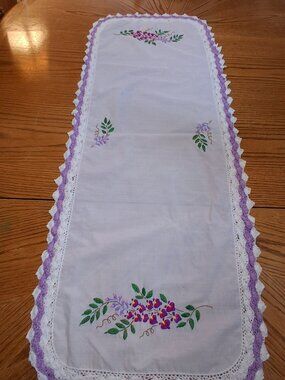 Embroidered Table Runner/Purple Floral/Leaves